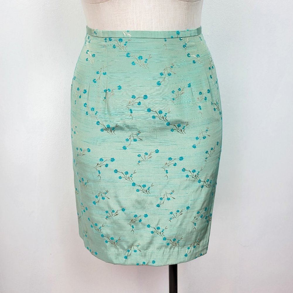 Vintage 90s/Y2K Teal Floral Print Pencil Skirt